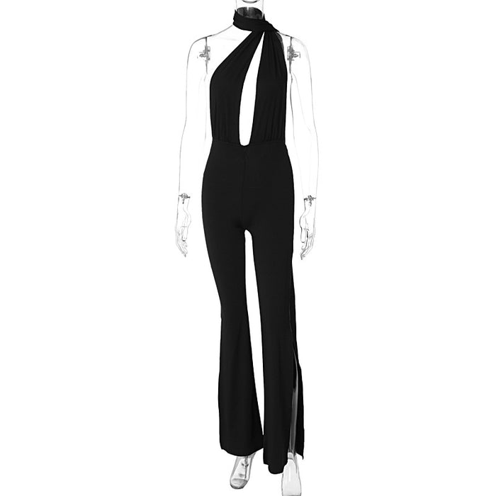 Color-Black-Super Sexy Wrapped Chest Stitching Ribbon Tied Neck Backless Slit Tight Jumpsuit for Women-Fancey Boutique