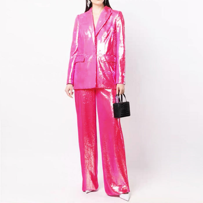 Color-Coral Red-Spring Autumn Sequined Cool Shining Bling Bling Blazer Trousers Suit Two Piece Suit-Fancey Boutique