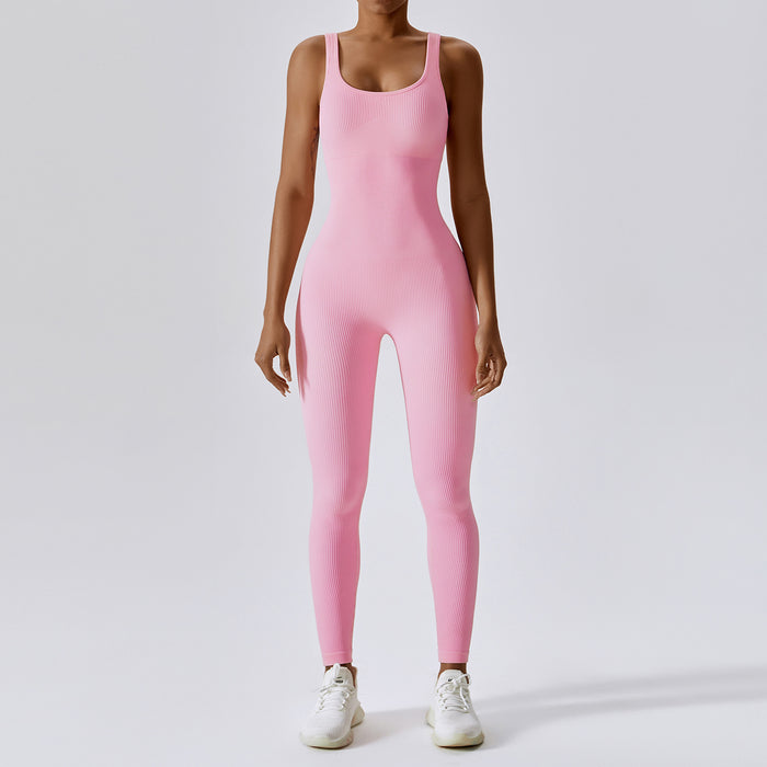 Color-Light pink-Spring Seamless Yoga Jumpsuit Dance Cinched Waist Slim Fit Sports Stretch Tight Jumpsuit-Fancey Boutique