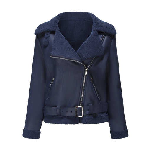 Color-Navy Blue-Autumn Winter Faux Shearling Jacket Warm Women Suede Fabric Jacket Leather Clothing Women Belt Turn down Collar Coat Women-Fancey Boutique