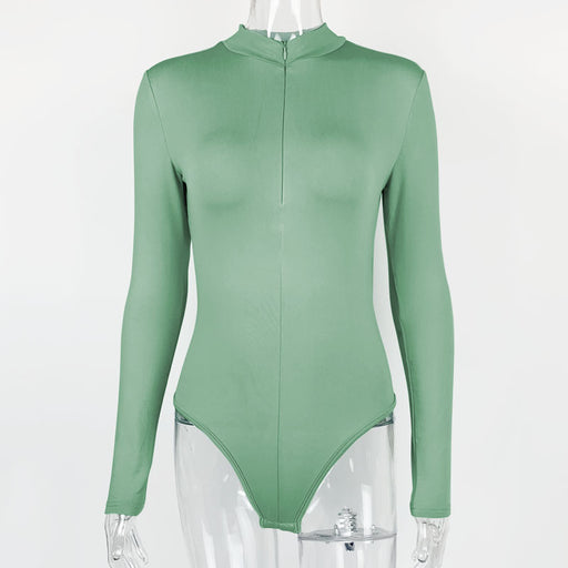 Color-Green-Autumn Winter Bottoming Shirt Women Clothing Long Sleeve Zipper Tight Bodysuit-Fancey Boutique
