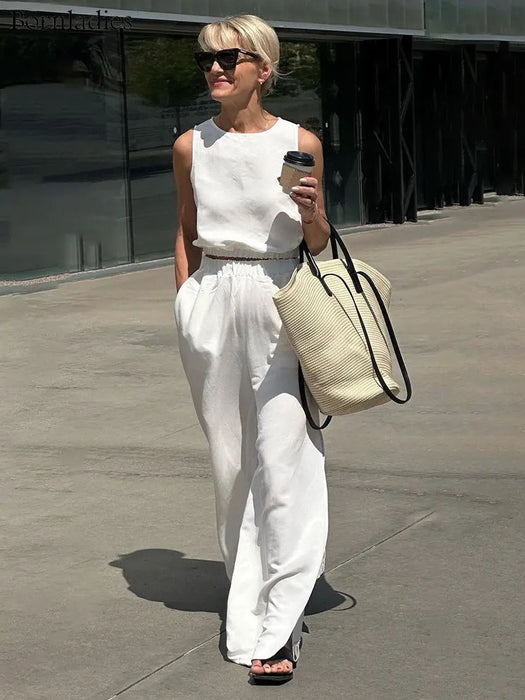 Cotton Linen Suit Short Summer Sleeveless Elastic Cropped Outfit Top Trousers Slit Two Piece Set-White-Fancey Boutique