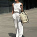 Cotton Linen Suit Short Summer Sleeveless Elastic Cropped Outfit Top Trousers Slit Two Piece Set-White-Fancey Boutique