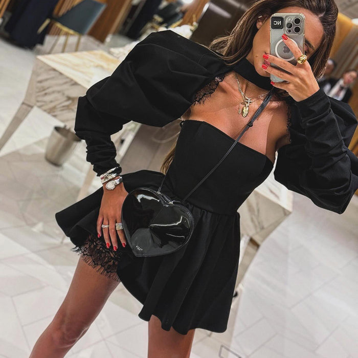 French Tube Top Dress Women High Grade Sexy Backless Long Sleeves Black Two Piece A Line Dress-Fancey Boutique