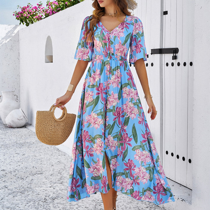 Women Clothing Spring Summer Vacation Casual Printed Large Swing Dress-Blue-Fancey Boutique