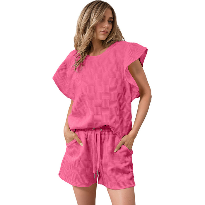 Color-Rose Red-Spring Solid Color Ruffle Sleeve Casual Suit Women Simple Texture Short Sleeve Two Piece Set Women-Fancey Boutique