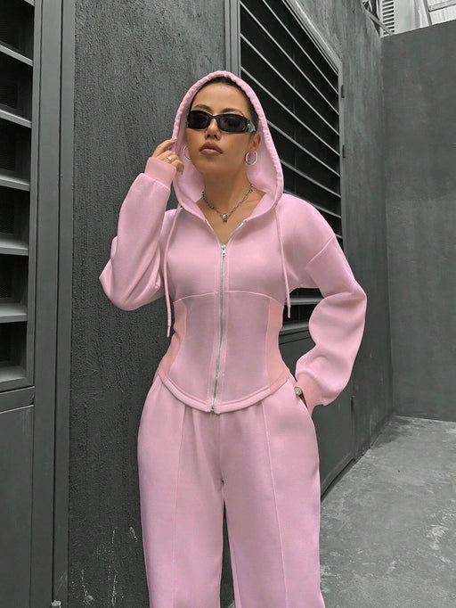 Spring Autumn Two Piece Set Trendy Hooded Cardigan Slim Fit Casual Women-Pink-Fancey Boutique