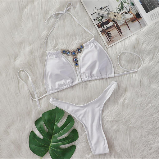 Color-White-Bikini Crystal Diamond Split Women's Swimsuit Plain Tied Swimsuit-Fancey Boutique