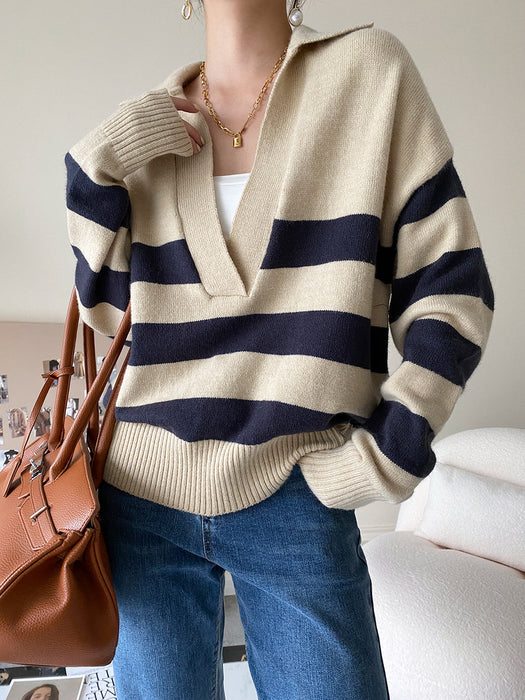 Color-Apricot-Casual Polo Large V-neck Striped Sweater Autumn Winter Loose Pullover-Fancey Boutique