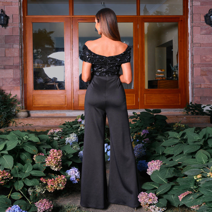 Women Off Shoulder Short Sleeve Slim Waist Slimming Elegant Jumpsuit Evening Dress Women-Fancey Boutique