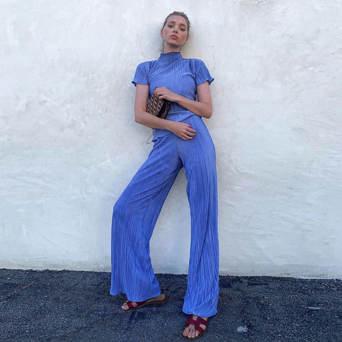 Spring Slimming T shirt High Waist Blue Pleated Wide Leg Pants Casual Women Clothing Fashion Suit-Fancey Boutique