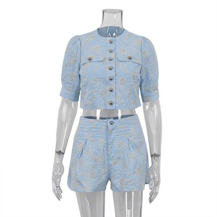 French Design Minority Embroidered Short Sleeved Shirt Two Piece Set High Sense Summer Wear-Blue-Fancey Boutique