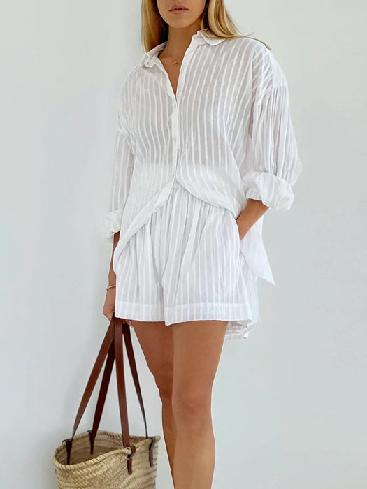 Pure Cotton Shirt Outfit Summer Women White Vertical Striped Shirt Shorts Casual Suit-White-Fancey Boutique