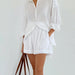 Pure Cotton Shirt Outfit Summer Women White Vertical Striped Shirt Shorts Casual Suit-White-Fancey Boutique