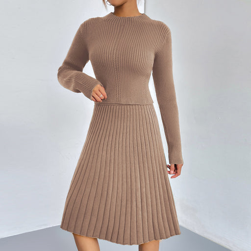 Color-Khaki-Solid Color A Line Skirt Autumn Winter Knitting Sweater Suit Skirt Slim Fit Twet Skirt-Fancey Boutique