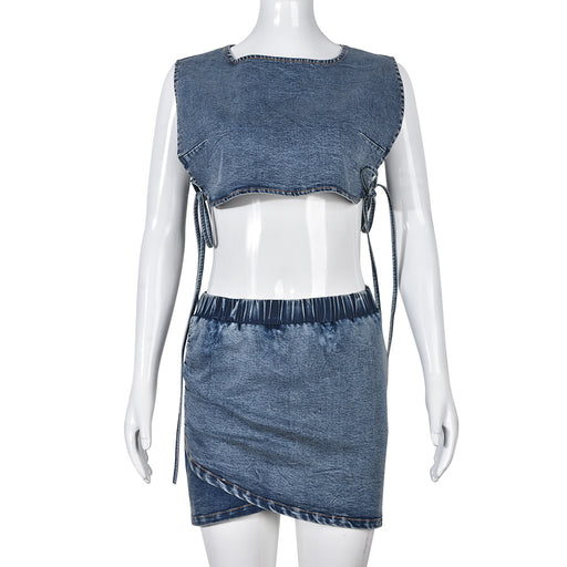 Color-light blue-Summer Autumn Vest Short Skirt Stretch Two Piece Sexy Denim Women Wear-Fancey Boutique