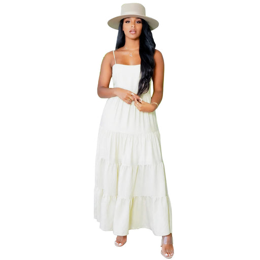 Color-White-Solid Color Casual Hollow Out Cutout Cinched Pastoral Cami Dress-Fancey Boutique