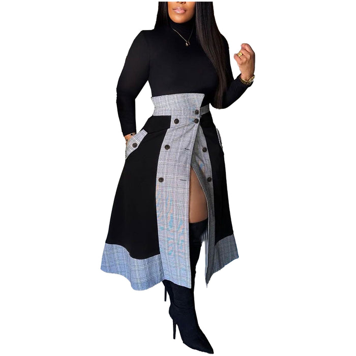 Color-Black-Popular Slim Fit Long Sleeved Small Turtleneck Plaid Split Midi Dress Two Piece Set-Fancey Boutique