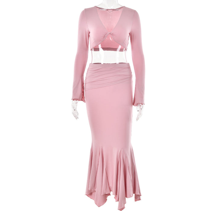 Color-Pink-Women Clothing Spring Summer Elegant Sexy Slim Fit Flared Sleeves Fishtail Skirt Cropped Outfit Set-Fancey Boutique