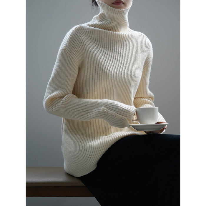 Soft Glutinous Turtleneck Sweater Women Winter Button Slim Knit Bottoming Shirt-White-Fancey Boutique