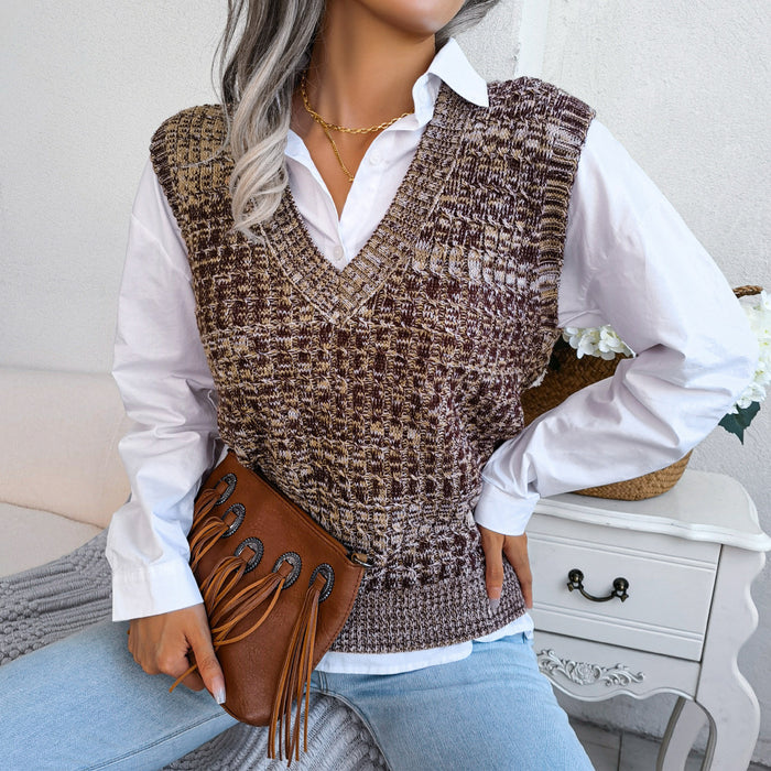 Color-Coffee-Autumn Winter Color Twist V-neck Sweater Vest Women Clothing-Fancey Boutique