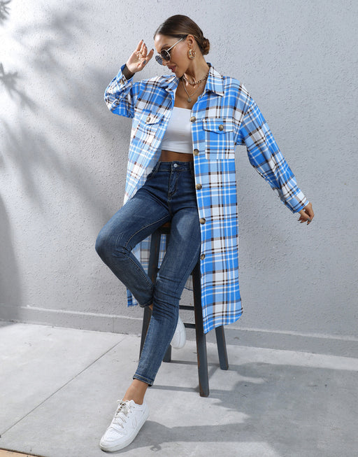 Color-Blue-Women Clothing Autumn Winter Plaid Single-Breasted Long Trench Coat-Fancey Boutique