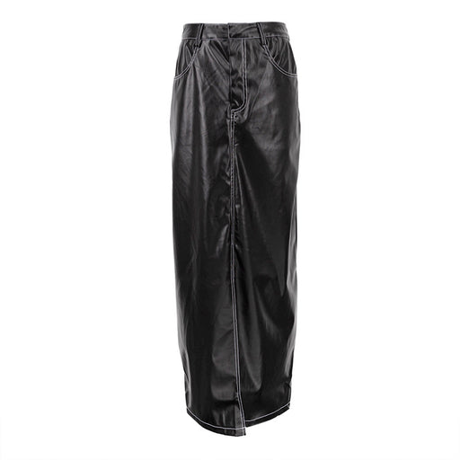 Color-Black-Leather Skirt Autumn Winter High Waist Slit Hip Skirt Fashionable All Match Straight Skirt Skirt Women Clothing-Fancey Boutique