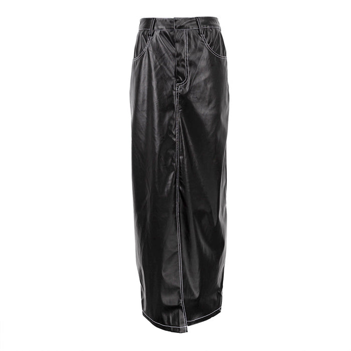 Color-Black-Leather Skirt Autumn Winter High Waist Slit Hip Skirt Fashionable All Match Straight Skirt Skirt Women Clothing-Fancey Boutique