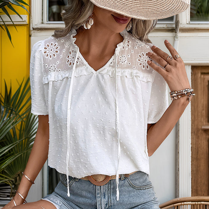 Summer Women White V Neck Jacquard Shirt Women-Fancey Boutique