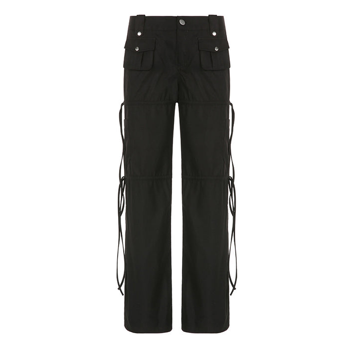 High Street Pocket Ribbon Stitching Straight Black Woven Pants Early Summer Sexy Low Waist Workwear Casual Pants-Fancey Boutique