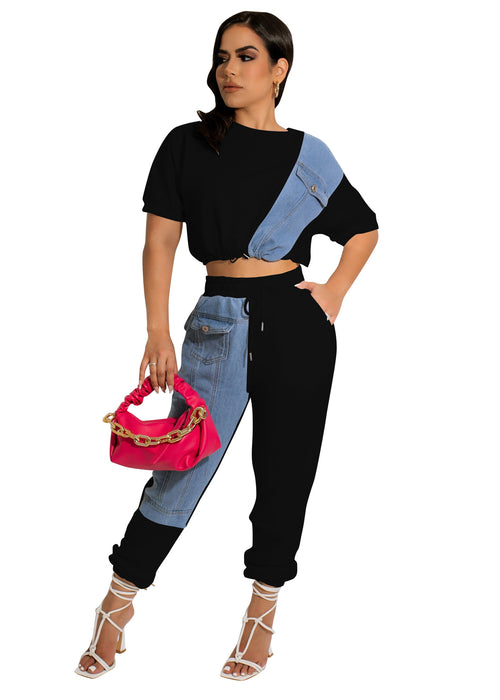 Color-Black-Denim Casual Set Denim Combination Casual Sports Set-Fancey Boutique