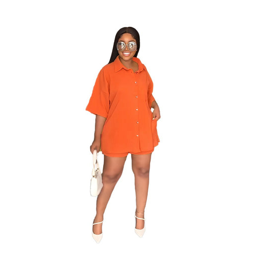 Color-Orange-Solid Color Polo Collar Long Shirt Casual Shorts Suit Women Two Piece Suit-Fancey Boutique