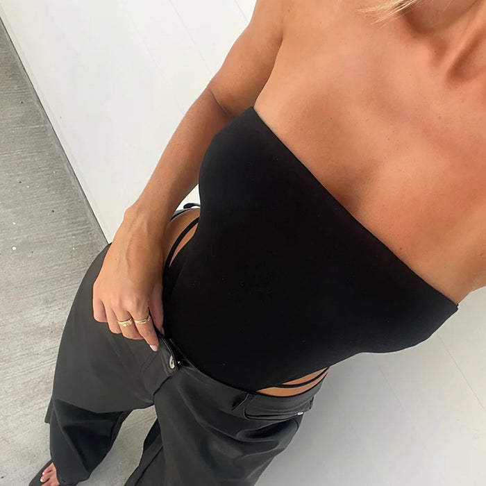 Color-Women Clothing Solid Color off the Neck Tube Top Hollow Out Cutout Sexy High Waist Jumpsuit Outer Wear Women Top-Fancey Boutique