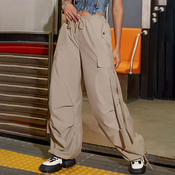 Low Waist Drawstring Ribbon Big Bag Ankle Tied Loose Overalls Office Solid Color Casual Pants Women Pants-Fancey Boutique