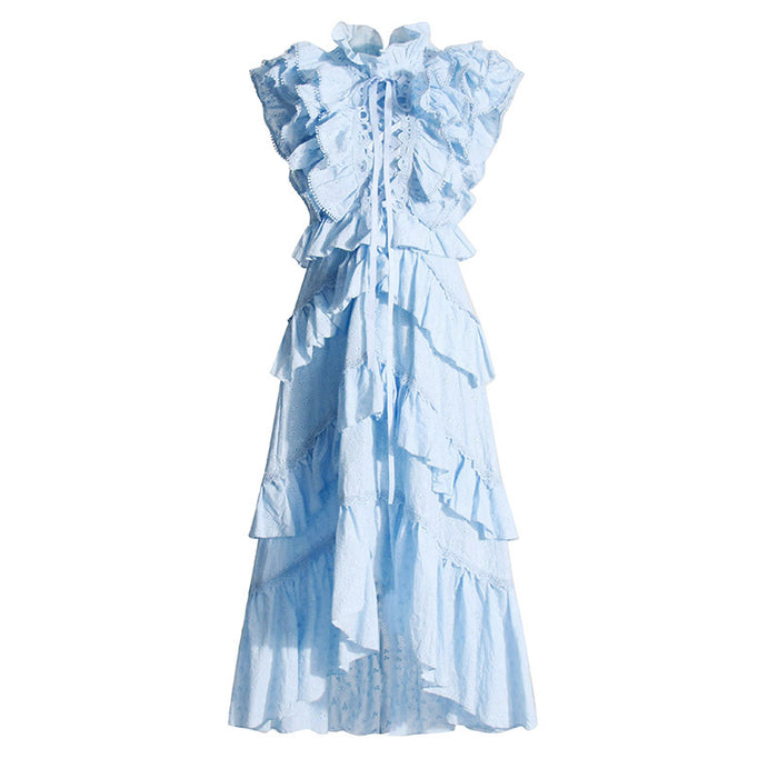 French Ethnic Palace Dress Autumn Stand Up Collar Lace Flying Sleeves Drawstring Ruffled Dress Women-Blue-Fancey Boutique