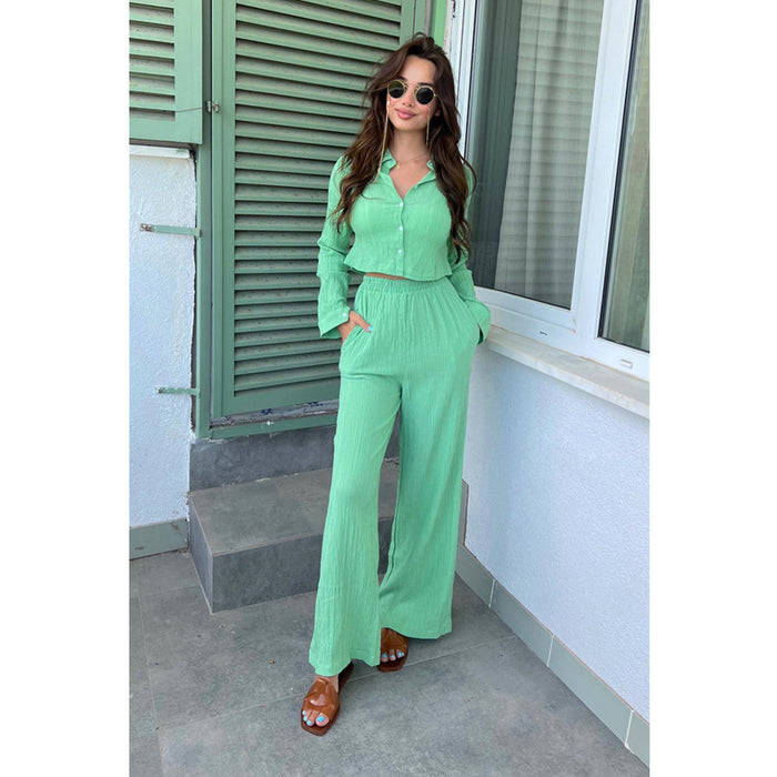 Women Clothing Embossed Short Personalized Shirt High Waist Wide Leg Elastic Pants Two Piece Set-Cyan-Fancey Boutique