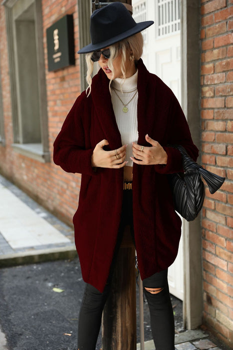 Color-Jujube Red-Cardigan Women Clothes Plush Casual Long Buckle Free Solid Color Loose Lapels Coat Women-Fancey Boutique