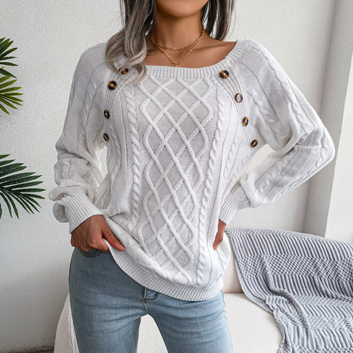 Color-White-Autumn Winter Casual Square Collar Clinch Twist Knitted Pullover Sweater Women Clothing-Fancey Boutique