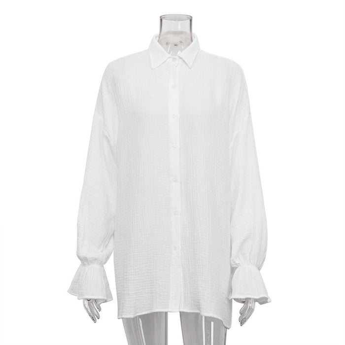 Color-White-Autumn Flared Sleeves Long Sleeves Shirt Full Casual Niche White Shirt for Women-Fancey Boutique