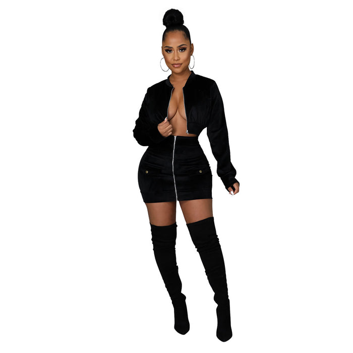 Color-Black-Flannel Suit Women Zipper Short Long Sleeve Top Matching Slim Fit Sheath A line Short Skirt two piece set-Fancey Boutique