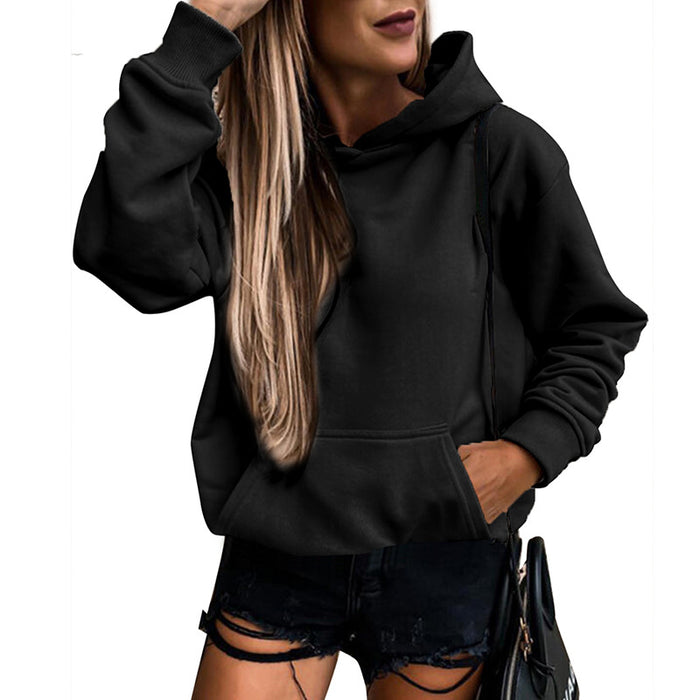 Autumn Winter Solid Color Pocket Hooded for Women All Matching Long Sleeve Top-Black-Fancey Boutique