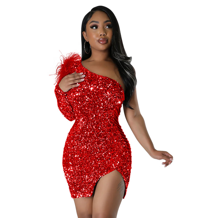 Color-Red-Women Wear Sexy One Shoulder Sequined Split Sheath Dress-Fancey Boutique