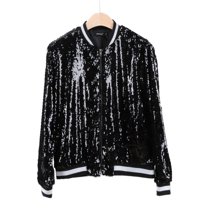 Color-Black-Street Hipster Women Casual Zipper Jacket Sequined Colored Rib Varsity Jacket Jacket-Fancey Boutique