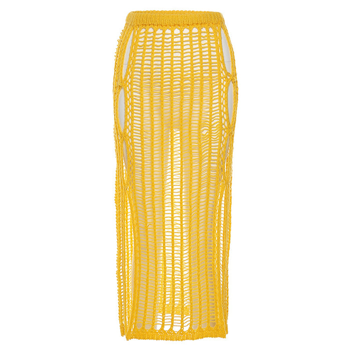 Color-Yellow-Summer Knitted Women Clothing High Waist Sheath Hollowed Out Sexy Slim Skirt Women-Fancey Boutique