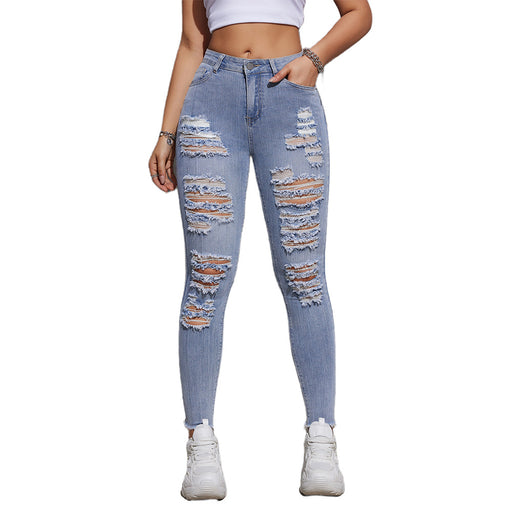 Women Clothes Stretch Ripped Ankle Tied Jeans High Waist Raw Hem-Light Blue-Fancey Boutique