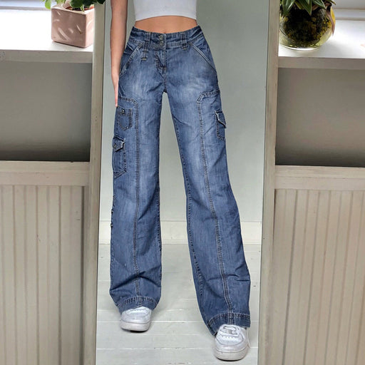 Women Clothing Multi Pocket Open Line Loose High Waist Denim Casual Straight Leg Trousers Summer-Fancey Boutique