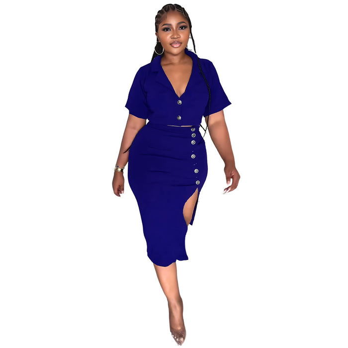 Color-Blue-Polo Collar Summer Small Suit Short Sleeve Suit Split Skirt Office Women Two-Piece Suit-Fancey Boutique