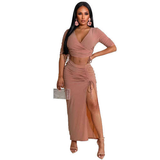 Color-Pink-Pleating V-neck T-shirt High Slit Drawstring Skirt Two-Piece Suit-Fancey Boutique