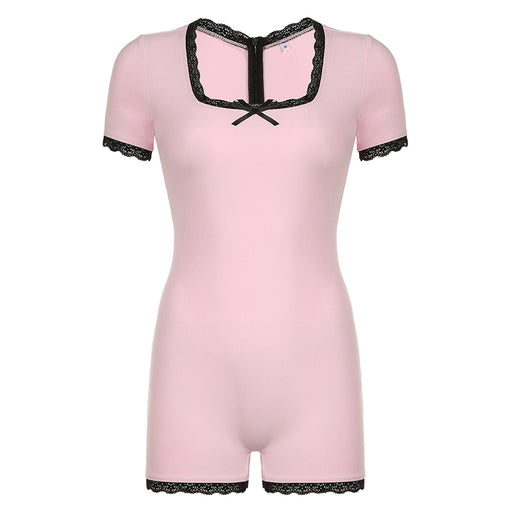 Summer Bow Contrast Color Lace Stitching Square Collar Sexy Girl Tight Jumpsuit Shorts-Pink-Fancey Boutique