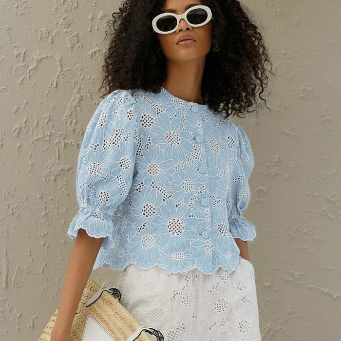 Women Embroidery Short Shirt Flared Sleeves Cropped Exposed Shirt Top-Fancey Boutique